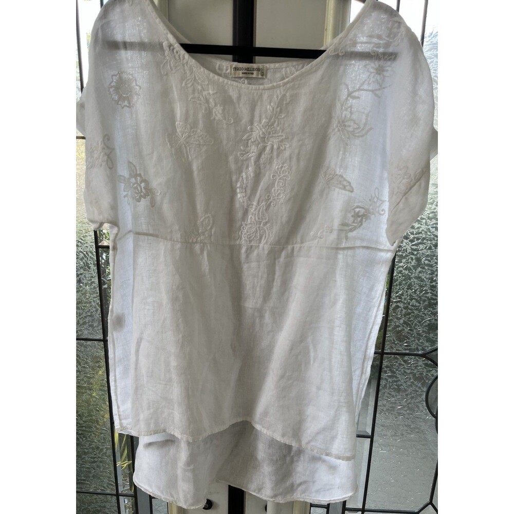 Terzo Millennio Women's Blouse Large White 100% Linen Made in Italy Embroidered